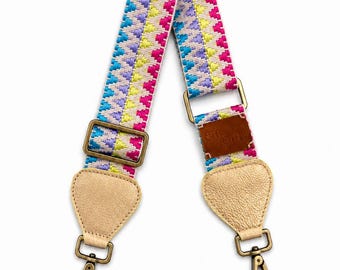 Handwoven Wayuu Bag Strap, Multicolor Diamond Pattern, Adjustable 2-inch Wide, Off-White Leather Ends