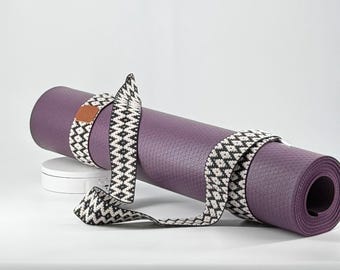 White and Black Yoga Mat Strap, Handwoven Diamond Carrier, Adjustable Universal Mat Sling, Artisan Yoga Gift for Her