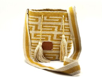 Small Wayuu Mochila Bag | Mustard Yellow & Neutral Crochet Crossbody Purse | Handwoven Colombian Artisan Made | Traditional Wave | Boho