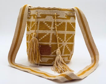 Small Wayuu Mochila Bag | Mustard Yellow & Neutral Crochet Crossbody Purse | Handwoven Colombian Artisan Made | Stars Boho Small Bucket Bag