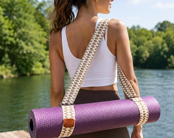 Tan and Sand Yoga Mat Strap, Beige Handwoven Mat Carrier, Earth Tone Adjustable Sling, Artisan Loom Woven Yoga Gift