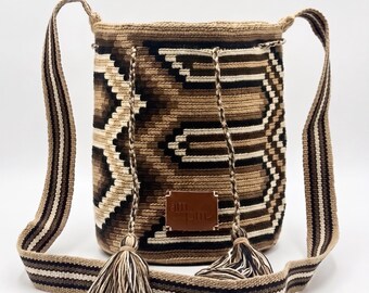 Small Wayuu Mochila Bag | Earth Tone Brown Crochet Crossbody Purse | Handwoven Colombian Artisan Made | Tribal Boho Small Bucket Bag