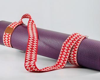 Red and White Yoga Mat Strap, Handwoven Bright Adjustable Carrier, Loom Woven Mat Sling, Vibrant Yoga Gift, Artisan Made