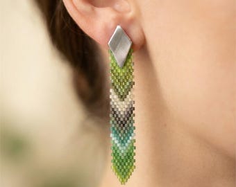 Dangle Earrings Tropical Feather Green (Green/Gray) Artisan Made - Unique Colombian Statement