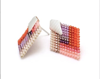 Stud Earrings Glass Beads Step-Edge Geometric (Pink/Purple) Artisan Made - Unique Colombian