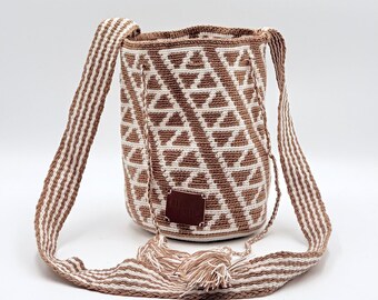Small Wayuu Mochila Bag | Taupe Neutral Crochet Crossbody Purse | Handwoven Colombian Artisan Made | Minimalist Boho Small Bucket Bag