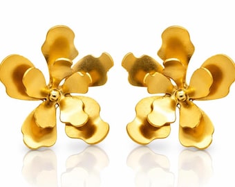 Gold Earrings Jewelry Flower – 24k Gold Plated - Artisan Made - Unique Colombian Statement