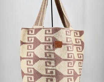 Wayuu Handwoven Mochila/Large Tote Bag Authentic – Neutral Geometric Crochet Tote - Artisan Made - Unique Colombian Statement