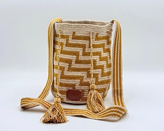 Small Wayuu Mochila Bag | Mustard Yellow Crochet Crossbody Purse | Handwoven Colombian Artisan Made | Boho Festival Small Bucket Bag