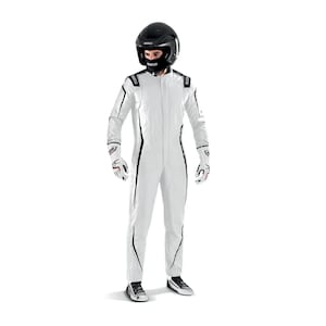 May include: A white racing suit with black side accents and Sparco branding on the shoulders, paired with a black full-face helmet, a black balaclava, white and black racing gloves, and white racing shoes with black detailing and laces.