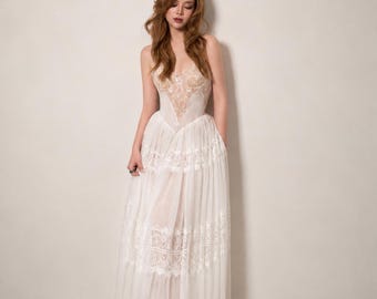 Boho trouwjurk van kant en chiffon, romantische A-lijn bruidsjurk, strandbruiloft