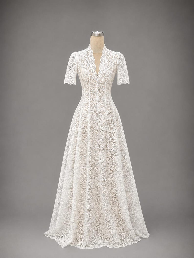 Elegant Lace Wedding Dress, Deep V Neck, Short Sleeves, A-Line Bridal Gown image 7