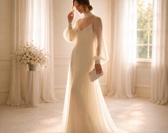 Minimalist High Neck Sheer Sleeve Silk Wedding Dress for Modern Bride