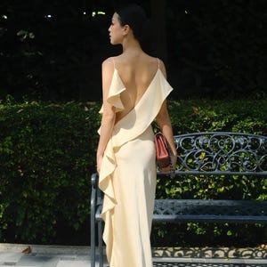 Champagne Silk Maxi Dress, Cowl Neck, Open Back, Bridesmaid Gown, Wedding Guest Formal Wear image 7