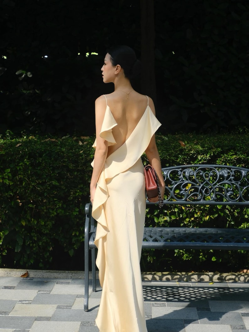 Champagne Silk Maxi Dress, Cowl Neck, Open Back, Bridesmaid Gown, Wedding Guest Formal Wear image 7