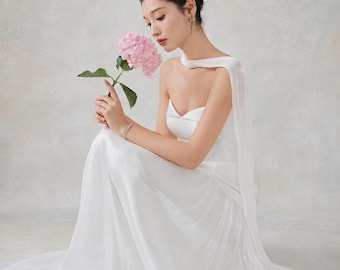 Strapless taft-trouwjurk, geplooide chiffonrok, minimalistische bruidsjurk