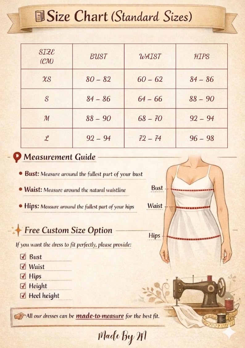 Op de afbeelding: Een maattabel voor kleding met een overzicht van borst-, taille- en heupmaten in centimeters voor de maten XS tot en met L. Het bevat een meetinstructie met een schets van een jurk, een lijst voor maatwerk en een vintage naaimachine.