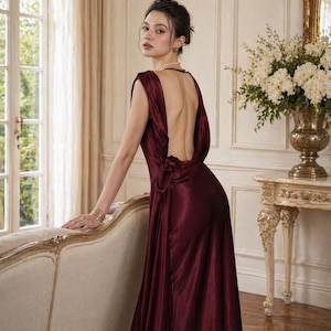 burgundy satin cowl neck draped maxi dress Burgundy Satin Cowl Neck Maxi Dress With Open Back