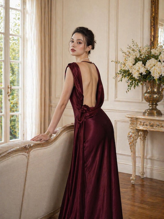 burgundy low back dress Mermiad Open Back Burgundy Prom Dresses Sexy V neck Lace Long Formal D   SELINADRESS