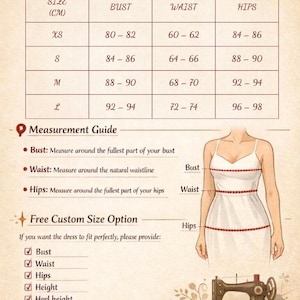 May include: A size chart for clothing featuring a table with bust, waist, and hip measurements in centimetres for sizes XS through L. It includes a measurement guide with a diagram of a dress, a custom size request list, and a vintage sewing machine.