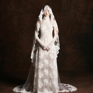 retro wedding dresses etsy Vintage 1950's Long Sleeve Chiffon Wedding Gown / Lace / Size XXS Petite