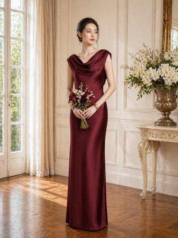 wine colored satin dress Maxi Silk Satin Dress,wine Red Extra Full Length Slip Dress,burgundy Adjustable Spaghetti Straps,maroon Silky Deep V Neck Bias Cut Dress