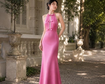 Zijden bruidsmeisjesjurk met halter, formele jurk met open achterkant, avondkleding met strikdetail