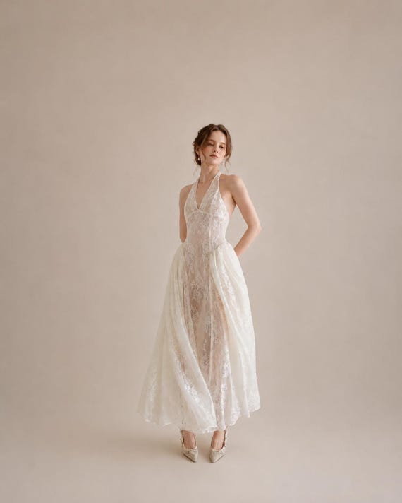 sheer halter wedding dress Lace Dress, Romantic Boho A-Line Bridal Gown coll_FH26employee