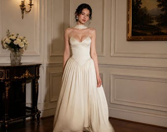 Silk A-Line Wedding Dress, Spaghetti Strap Lace-Up Back, Bridal Reception Gown