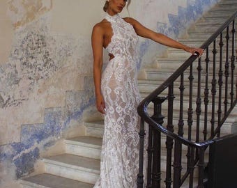 Embroidered Lace Mermaid Wedding Dress, Halter Neck Open Back Bridal Gown
