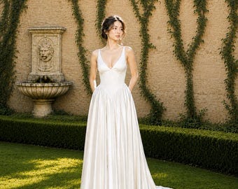 Minimalist Satin A-Line Wedding Dress, Deep V-Neck Open Back Bridal Gown