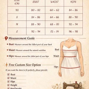 May include: A dress size chart showing bust, waist, and hip measurements in centimetres. Includes a measurement guide and a custom size option, with a diagram of a dress and a sewing machine.