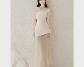 Minimalistische trouwjurk, strapless bruidsjurk, taft overlay chiffon rok, moderne jurk burgerlijke ceremonie