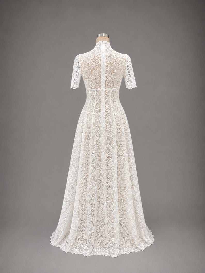 Elegant Lace Wedding Dress, Deep V Neck, Short Sleeves, A-Line Bridal Gown image 8