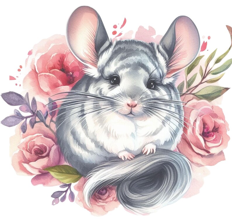 May include: Watercolor illustration of a chinchilla surrounded by pink roses and greenery. The chinchilla has gray and white fur, large ears, and long whiskers. The artwork has a soft, pastel color palette.