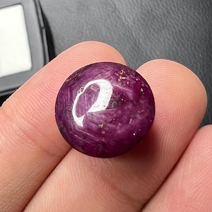 Op de afbeelding: Een ronde, in cabochon geslepen robijn met een diepe, verzadigde magenta-paarse kleur. Het oppervlak vertoont een natuurlijke, vezelige textuur met zichtbare interne insluitingen en een heldere, reflecterende witte lichtvlek.