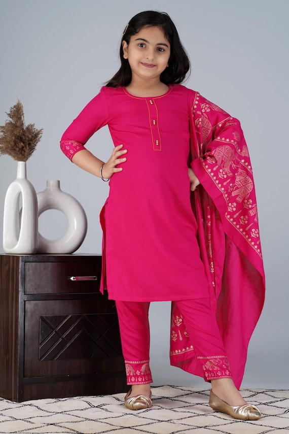 Girls' rani Kurta Set: Gold Elephant Print, Party Wear
