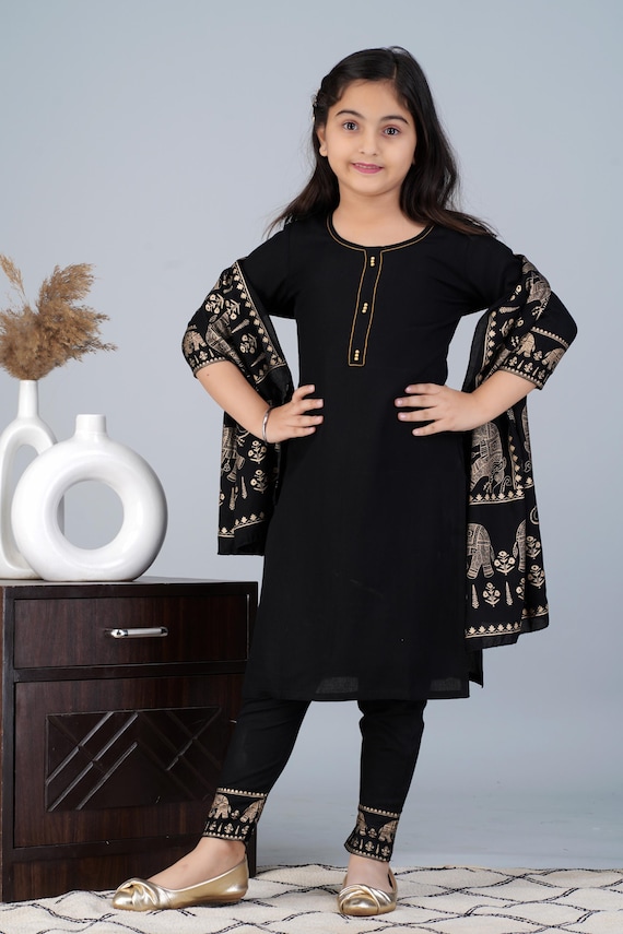 Girls' Black Kurta Set: Gold Elephant Print, Party Wear