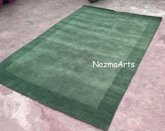 Solid Green Wool Rug with Border, Hand Tufted Minimalist Area Rug, Modern Living Room Bedroom Floor Carpet