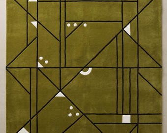 Hand Tufted Olive Green Rug, Modern Geometric Area Carpet, Abstract Black Line Rug, Contemporary Designer Rug, Mid Century Home Decor