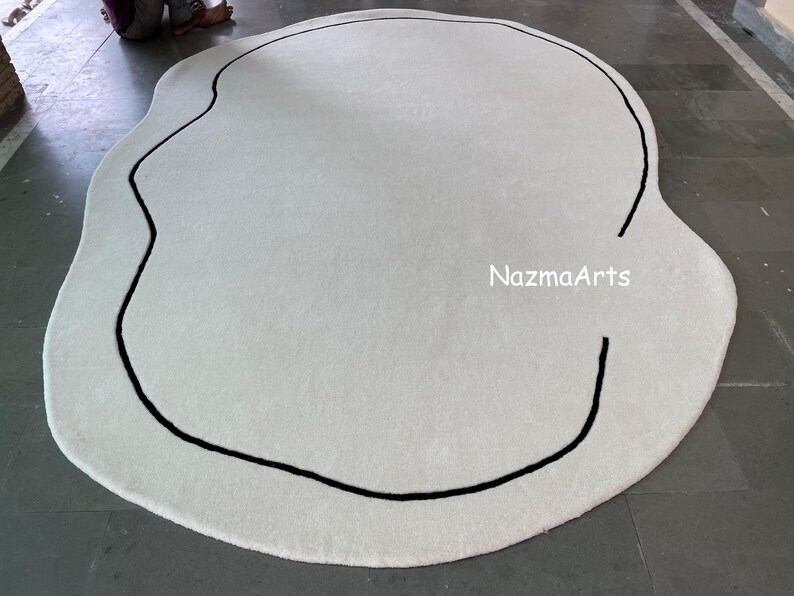 Body Rug Outline White Blob Rug With Black Outline | Wavy Organic Shape Carpet | Modern ...
