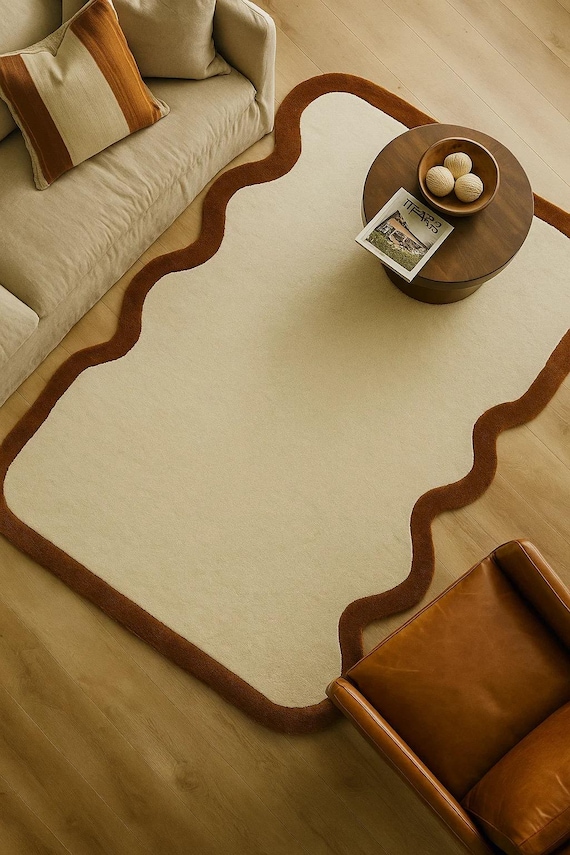 Modern Wavy Border Rug | Minimalist Cream and Brown Area Carpet | Soft Aesthetic Room Decor | Neutral Accent Rug for Living Room and Bedroom