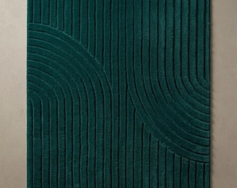Dark Teal Hand Tufted Rug | Modern Abstract Area Rug | Wavy Geometric Carpet | Deep Green Rug | Contemporary Minimalist Decor