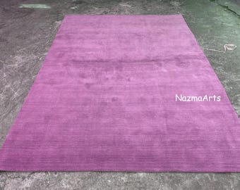 Solid Purple Wool Rug, Hand Tufted Minimalist Area Carpet, Plain Modern Living Room Bedroom Floor Rug