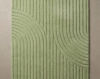 Green Hand Tufted Rug | Modern Abstract Area Rug | Wavy Geometric Carpet | Sage Green Rug | Contemporary Minimalist Home Decor
