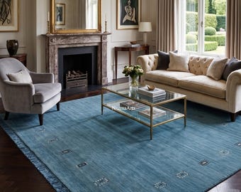 Blue Handloom Gabbeh Rug, Teal Minimalist Geometric Carpet, Fringed Modern Tribal Area Rug, Contemporary Living Room Bedroom Floor Decor
