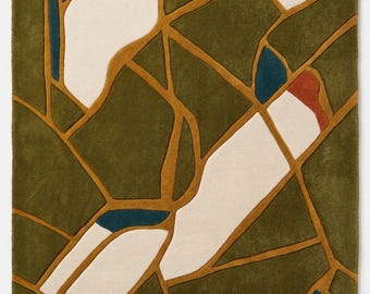 Olive Green Hand Tufted Rug, Abstract Geometric Area Carpet, Modern Art Rug, Boho Designer Carpet, Botanical Inspired Home Decor