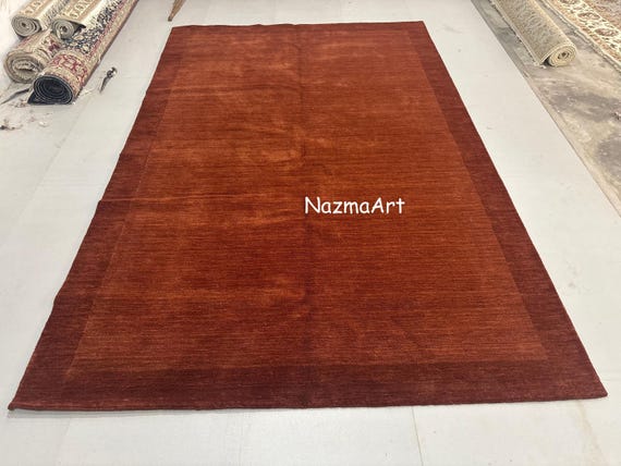 Hand Loomed Rust Wool Rug, Solid Terracotta Area Carpet, Minimalist Modern Floor Rug for Living Room & Bedroom
