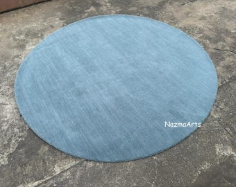 Round Light Blue Rug | Handmade Solid Sky Blue Carpet | Minimalist Modern Area Rug | Soft Circular Floor Decor | Custom Size Wool Rug