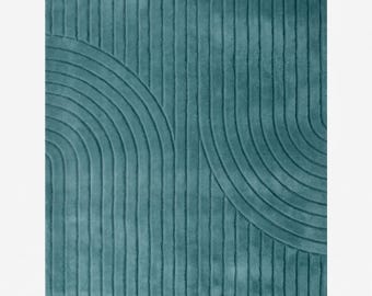 Teal Blue Hand Tufted Rug, Abstract Modern Area Carpet, Organic Wavy Line Design, Contemporary Textured Home Decor